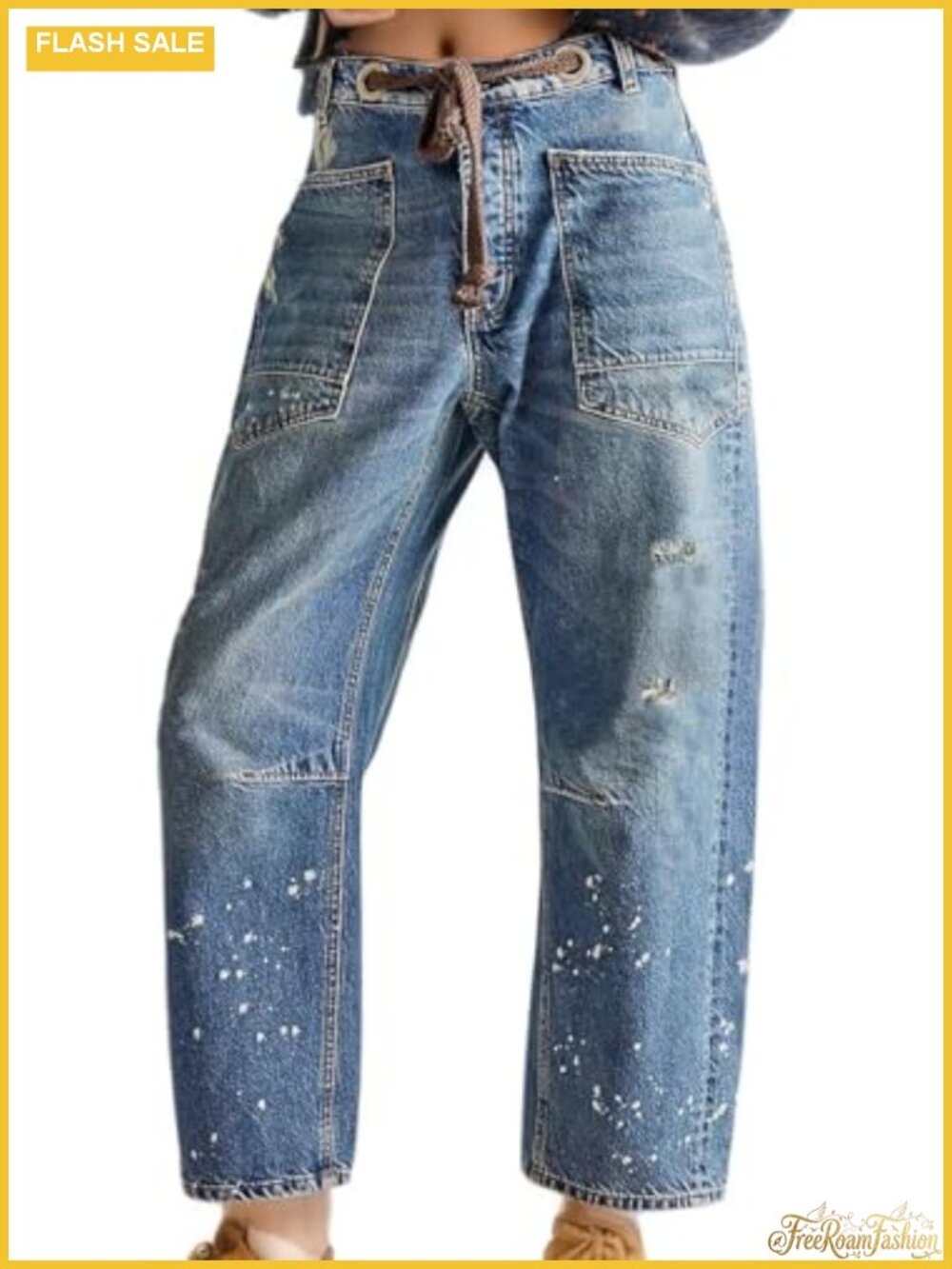 Stretch Cotton Barrel Jeans, Mid-Low Rise Drawstring Ankle Boyfriend Denim Pants